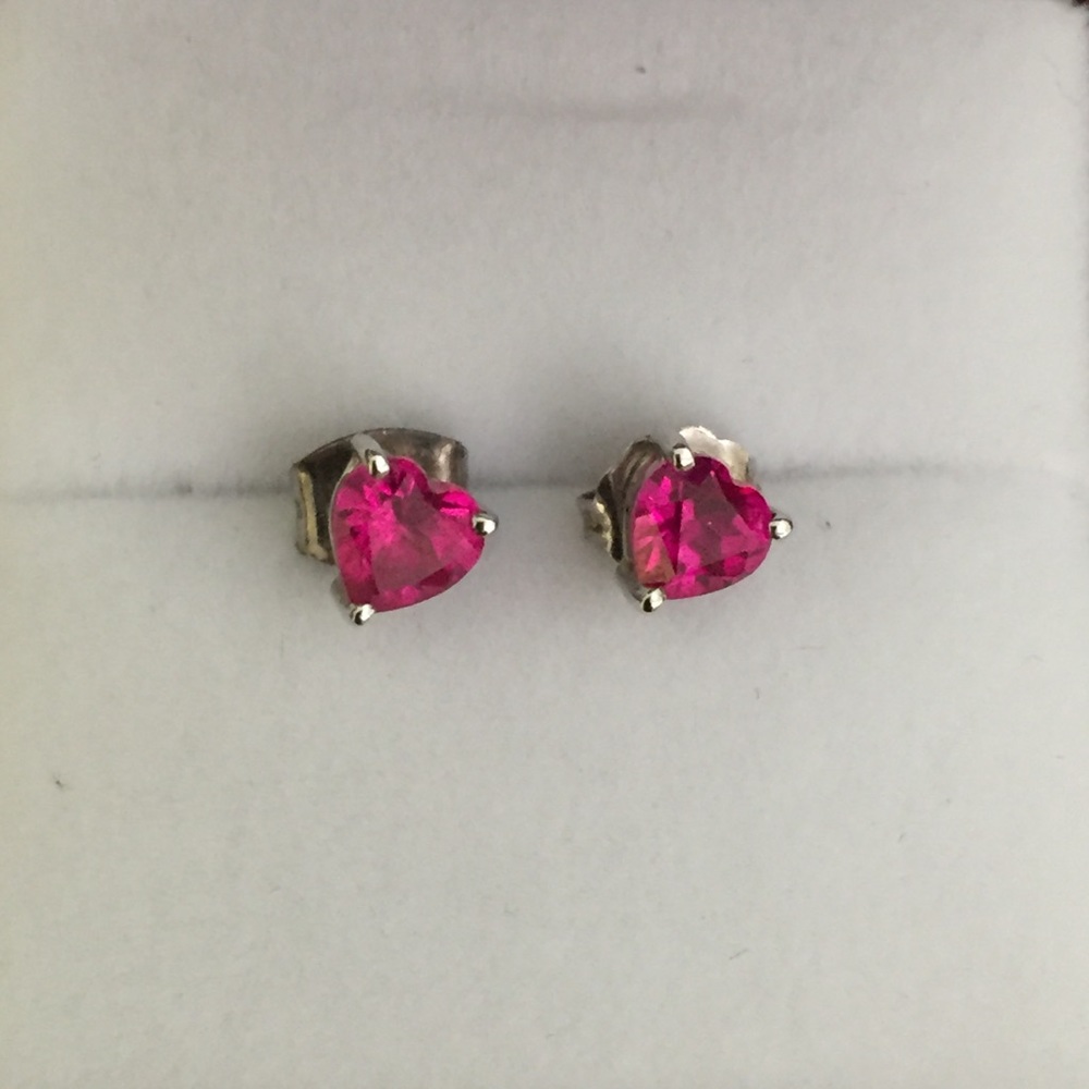 Sterling Red Ruby Heart Stud Earrings - image 3